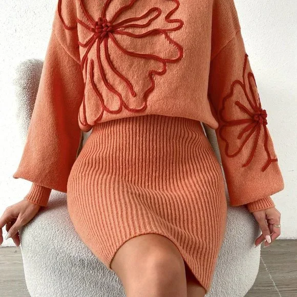 Orange Casual Womens Floral Pattern Mock Neck Drop Shoulder Sweater Dress - Picture 2 of 5